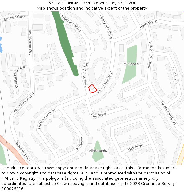 67, LABURNUM DRIVE, OSWESTRY, SY11 2QP: Location map and indicative extent of plot