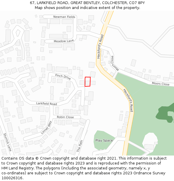 67, LARKFIELD ROAD, GREAT BENTLEY, COLCHESTER, CO7 8PY: Location map and indicative extent of plot