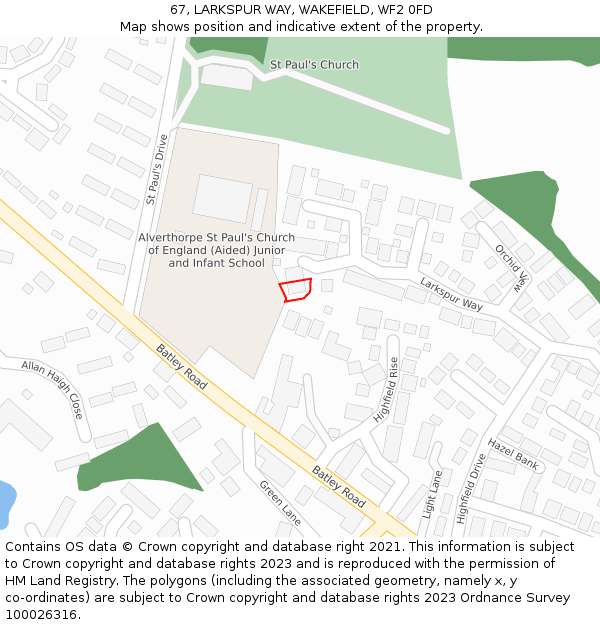 67, LARKSPUR WAY, WAKEFIELD, WF2 0FD: Location map and indicative extent of plot