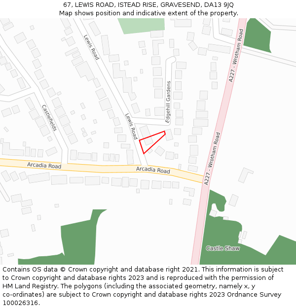 67, LEWIS ROAD, ISTEAD RISE, GRAVESEND, DA13 9JQ: Location map and indicative extent of plot