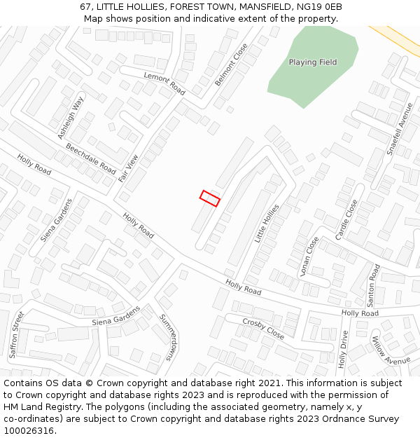 67, LITTLE HOLLIES, FOREST TOWN, MANSFIELD, NG19 0EB: Location map and indicative extent of plot