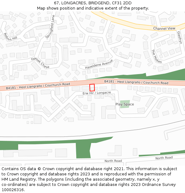 67, LONGACRES, BRIDGEND, CF31 2DD: Location map and indicative extent of plot