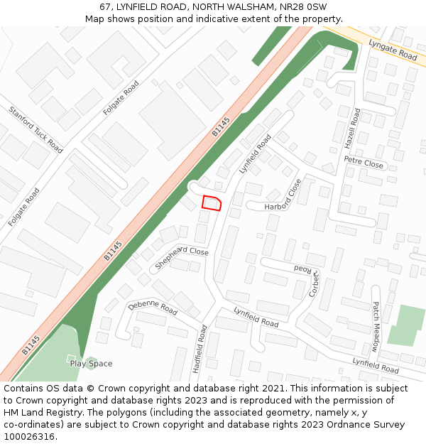 67, LYNFIELD ROAD, NORTH WALSHAM, NR28 0SW: Location map and indicative extent of plot