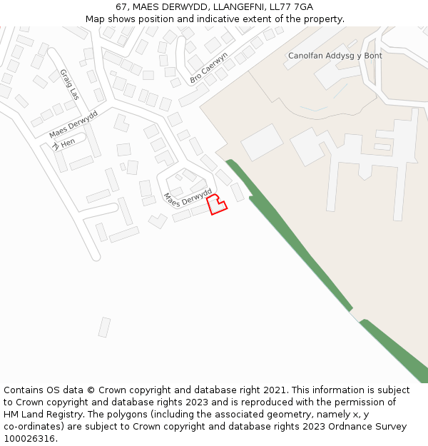 67, MAES DERWYDD, LLANGEFNI, LL77 7GA: Location map and indicative extent of plot