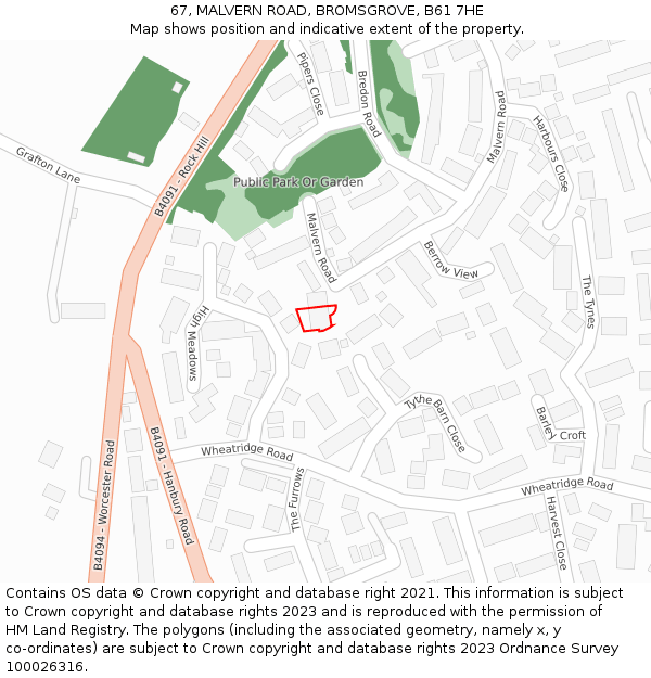 67, MALVERN ROAD, BROMSGROVE, B61 7HE: Location map and indicative extent of plot