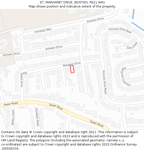 67, MARGARET DRIVE, BOSTON, PE21 9AN: Location map and indicative extent of plot