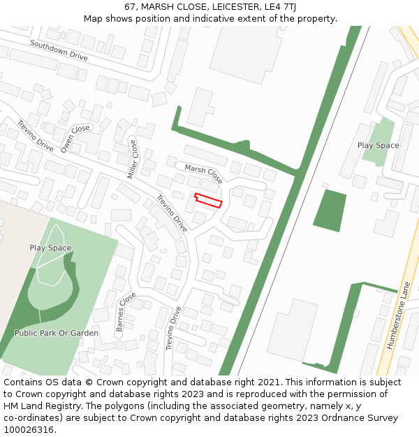 67, MARSH CLOSE, LEICESTER, LE4 7TJ: Location map and indicative extent of plot