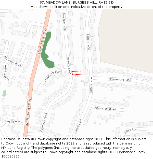 67, MEADOW LANE, BURGESS HILL, RH15 9JD: Location map and indicative extent of plot