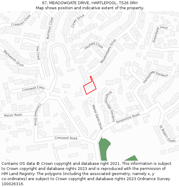 67, MEADOWGATE DRIVE, HARTLEPOOL, TS26 0RH: Location map and indicative extent of plot
