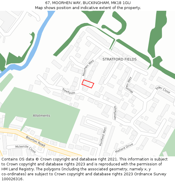 67, MOORHEN WAY, BUCKINGHAM, MK18 1GU: Location map and indicative extent of plot