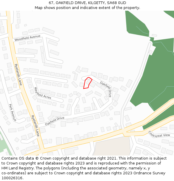 67, OAKFIELD DRIVE, KILGETTY, SA68 0UD: Location map and indicative extent of plot