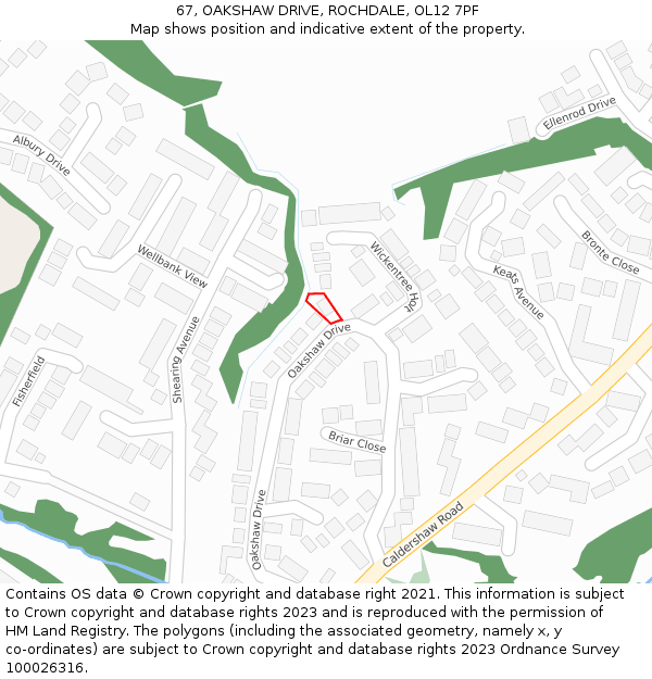 67, OAKSHAW DRIVE, ROCHDALE, OL12 7PF: Location map and indicative extent of plot