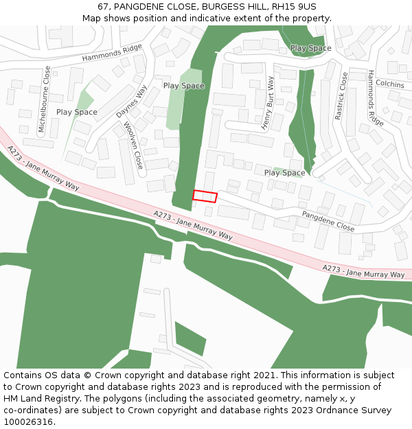 67, PANGDENE CLOSE, BURGESS HILL, RH15 9US: Location map and indicative extent of plot