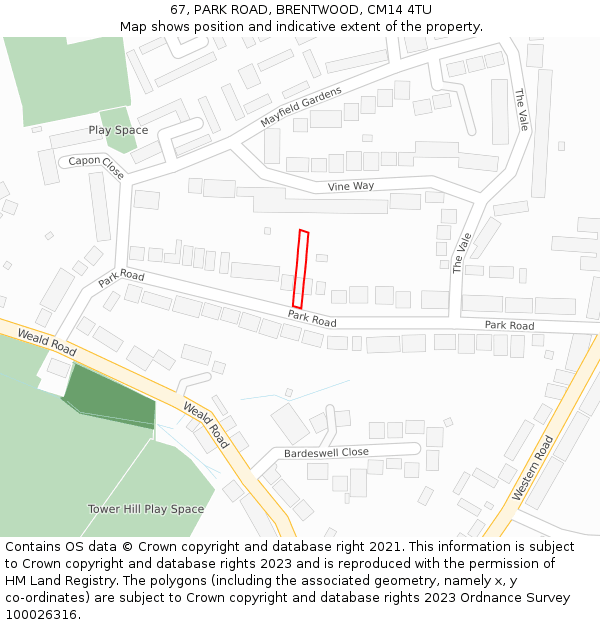 67, PARK ROAD, BRENTWOOD, CM14 4TU: Location map and indicative extent of plot