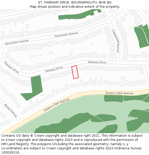 67, PARKWAY DRIVE, BOURNEMOUTH, BH8 9JS: Location map and indicative extent of plot