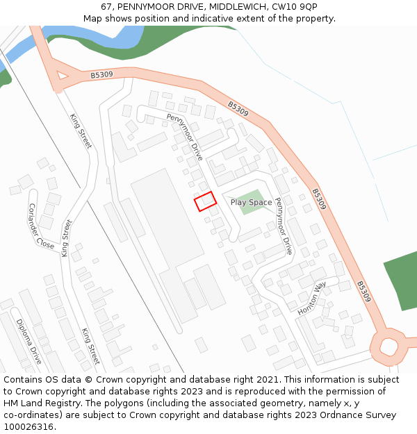 67, PENNYMOOR DRIVE, MIDDLEWICH, CW10 9QP: Location map and indicative extent of plot