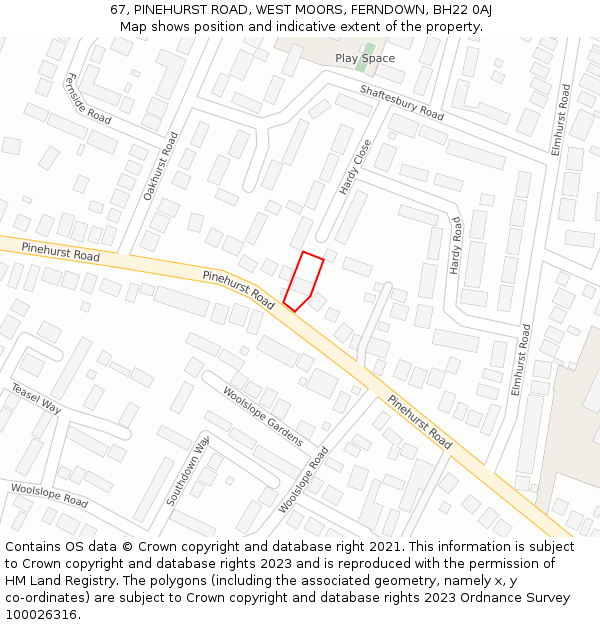 67, PINEHURST ROAD, WEST MOORS, FERNDOWN, BH22 0AJ: Location map and indicative extent of plot