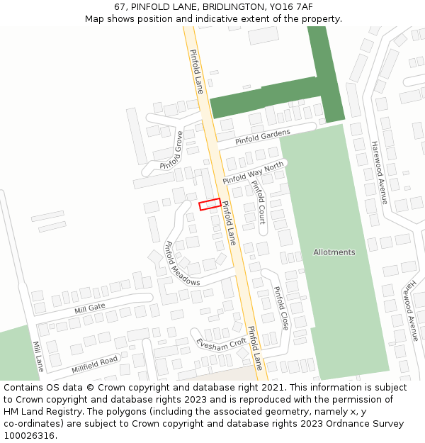 67, PINFOLD LANE, BRIDLINGTON, YO16 7AF: Location map and indicative extent of plot