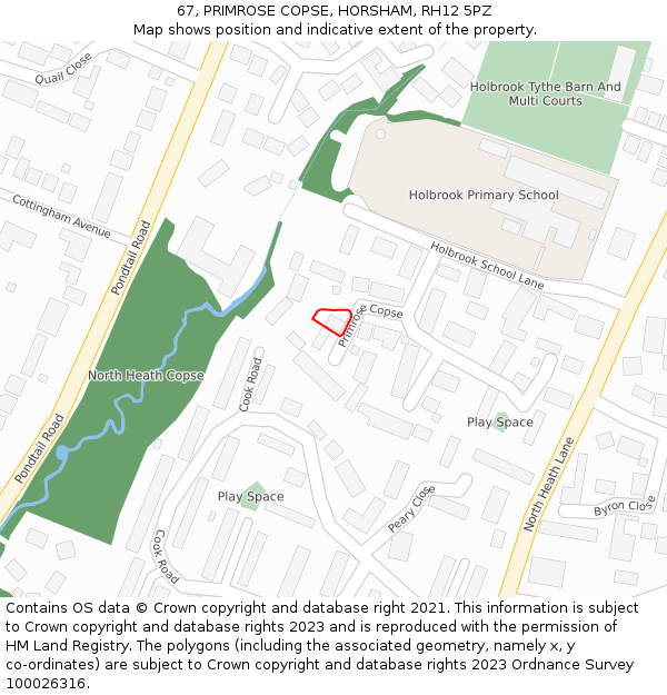 67, PRIMROSE COPSE, HORSHAM, RH12 5PZ: Location map and indicative extent of plot
