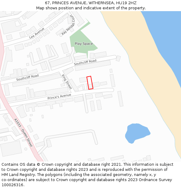 67, PRINCES AVENUE, WITHERNSEA, HU19 2HZ: Location map and indicative extent of plot