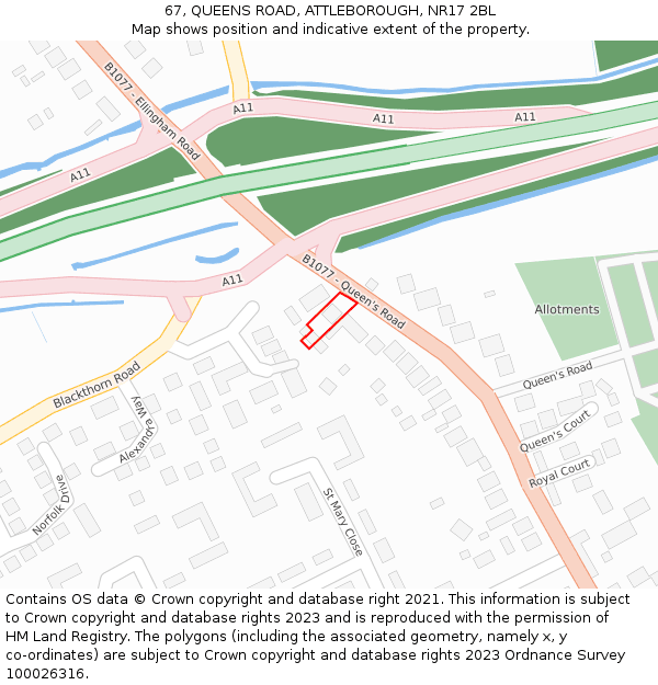 67, QUEENS ROAD, ATTLEBOROUGH, NR17 2BL: Location map and indicative extent of plot