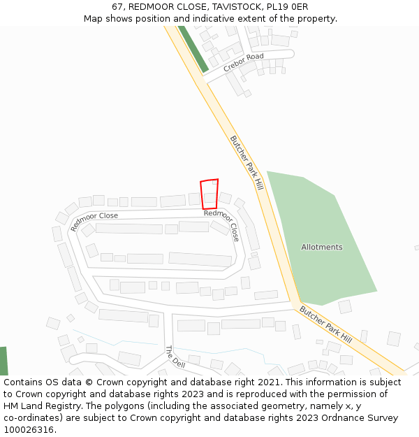 67, REDMOOR CLOSE, TAVISTOCK, PL19 0ER: Location map and indicative extent of plot