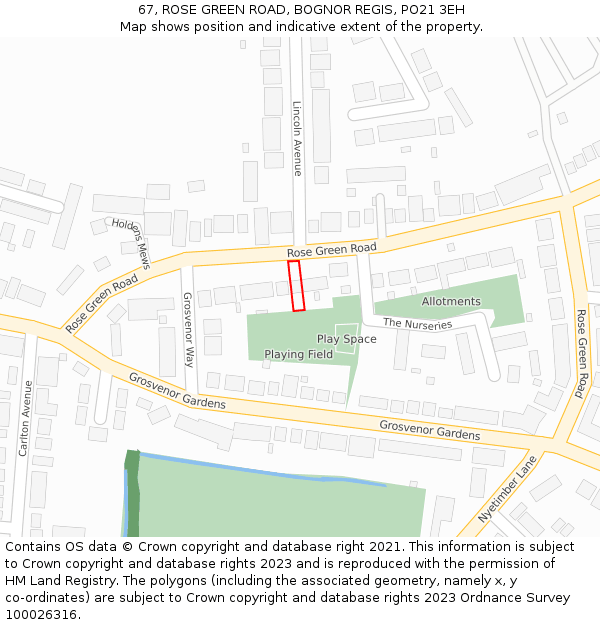 67, ROSE GREEN ROAD, BOGNOR REGIS, PO21 3EH: Location map and indicative extent of plot