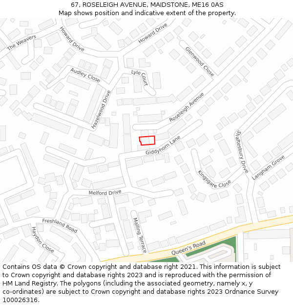 67, ROSELEIGH AVENUE, MAIDSTONE, ME16 0AS: Location map and indicative extent of plot