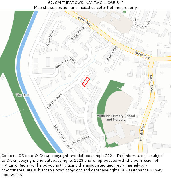 67, SALTMEADOWS, NANTWICH, CW5 5HF: Location map and indicative extent of plot