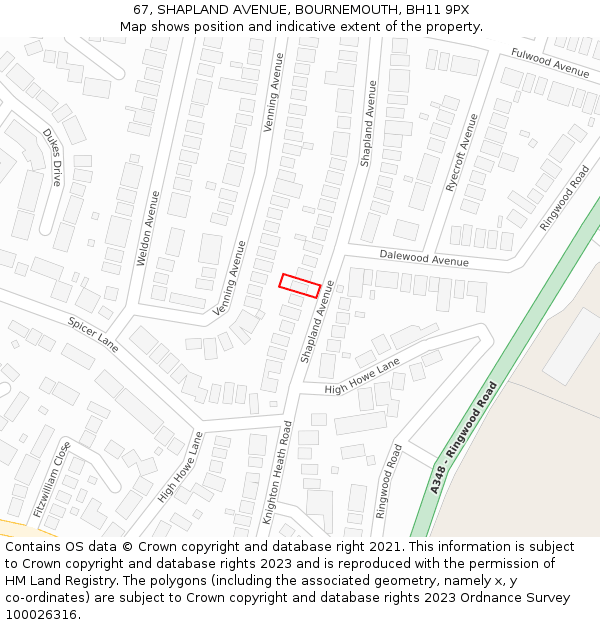 67, SHAPLAND AVENUE, BOURNEMOUTH, BH11 9PX: Location map and indicative extent of plot