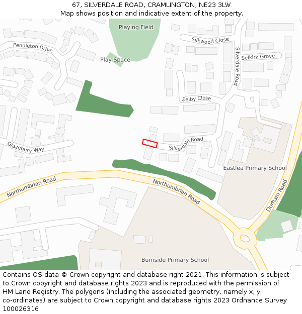 67, SILVERDALE ROAD, CRAMLINGTON, NE23 3LW: Location map and indicative extent of plot