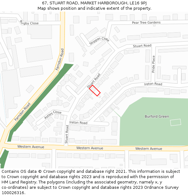 67, STUART ROAD, MARKET HARBOROUGH, LE16 9PJ: Location map and indicative extent of plot