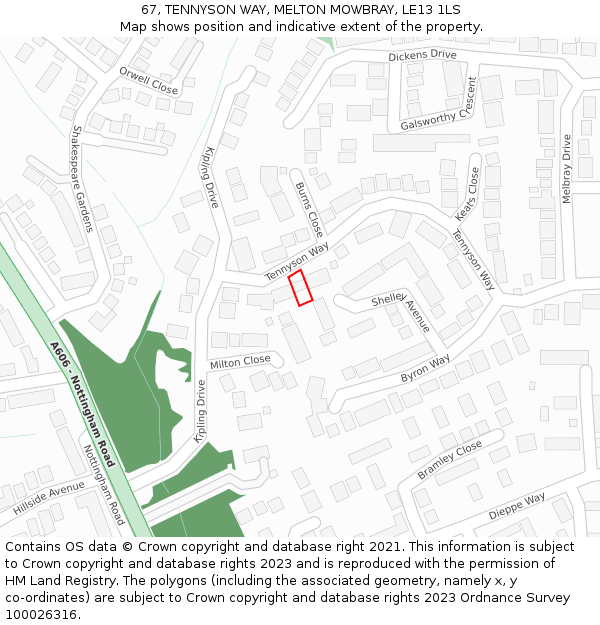 67, TENNYSON WAY, MELTON MOWBRAY, LE13 1LS: Location map and indicative extent of plot