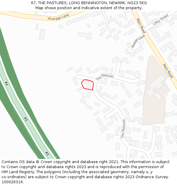 67, THE PASTURES, LONG BENNINGTON, NEWARK, NG23 5EG: Location map and indicative extent of plot