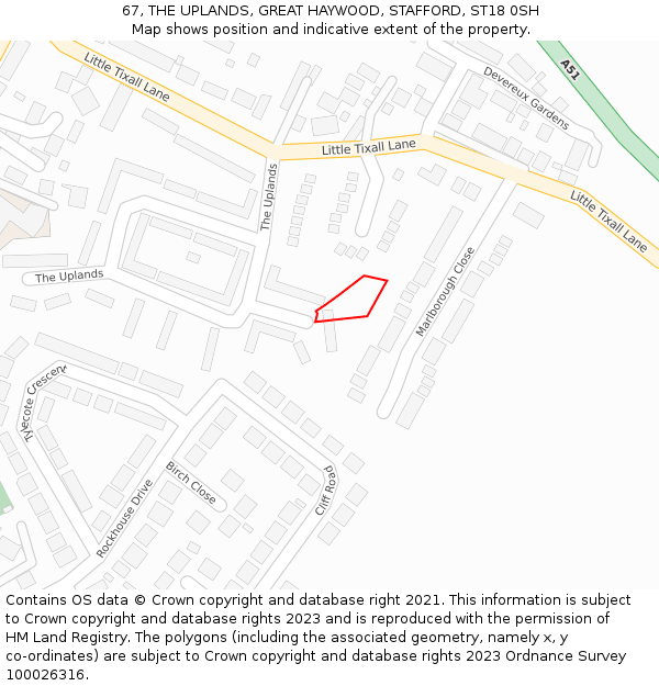 67, THE UPLANDS, GREAT HAYWOOD, STAFFORD, ST18 0SH: Location map and indicative extent of plot