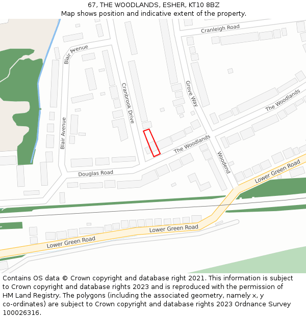 67, THE WOODLANDS, ESHER, KT10 8BZ: Location map and indicative extent of plot