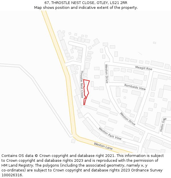 67, THROSTLE NEST CLOSE, OTLEY, LS21 2RR: Location map and indicative extent of plot