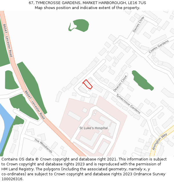 67, TYMECROSSE GARDENS, MARKET HARBOROUGH, LE16 7US: Location map and indicative extent of plot