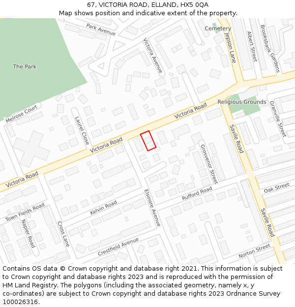 67, VICTORIA ROAD, ELLAND, HX5 0QA: Location map and indicative extent of plot