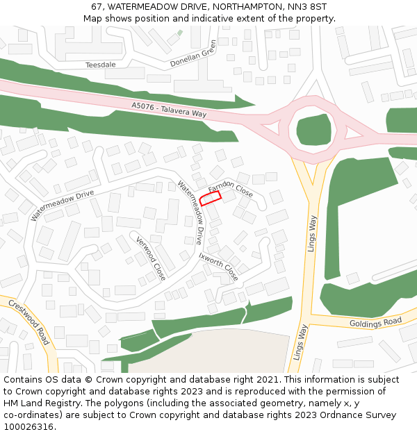 67, WATERMEADOW DRIVE, NORTHAMPTON, NN3 8ST: Location map and indicative extent of plot
