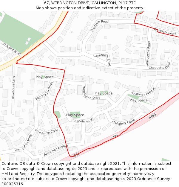 67, WERRINGTON DRIVE, CALLINGTON, PL17 7TE: Location map and indicative extent of plot