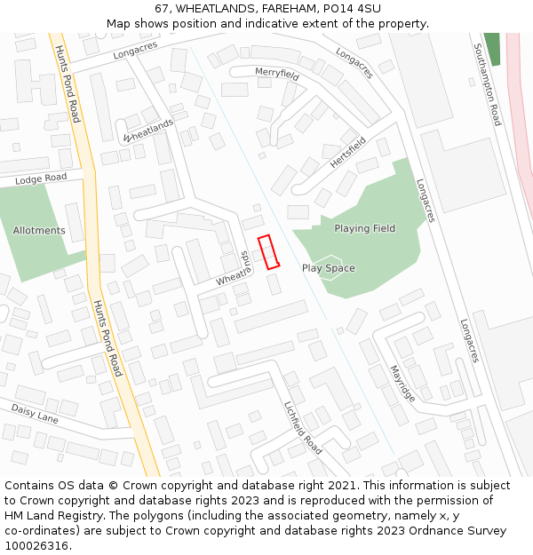 67, WHEATLANDS, FAREHAM, PO14 4SU: Location map and indicative extent of plot