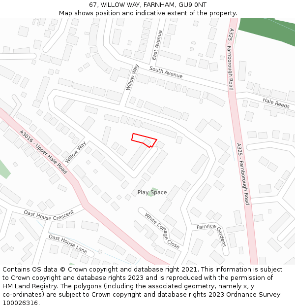 67, WILLOW WAY, FARNHAM, GU9 0NT: Location map and indicative extent of plot