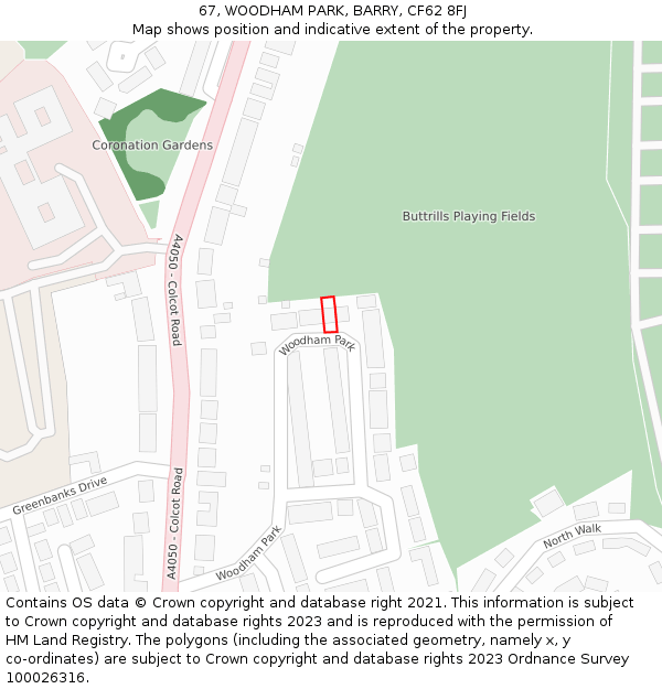 67, WOODHAM PARK, BARRY, CF62 8FJ: Location map and indicative extent of plot