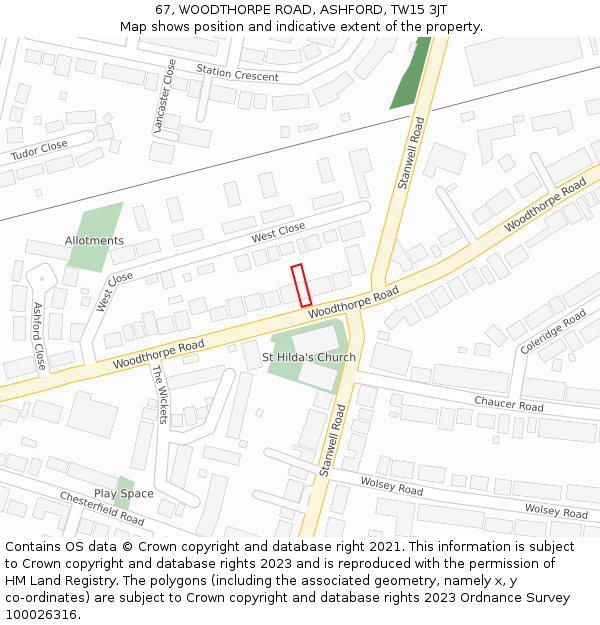 67, WOODTHORPE ROAD, ASHFORD, TW15 3JT: Location map and indicative extent of plot