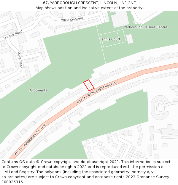 67, YARBOROUGH CRESCENT, LINCOLN, LN1 3NE: Location map and indicative extent of plot