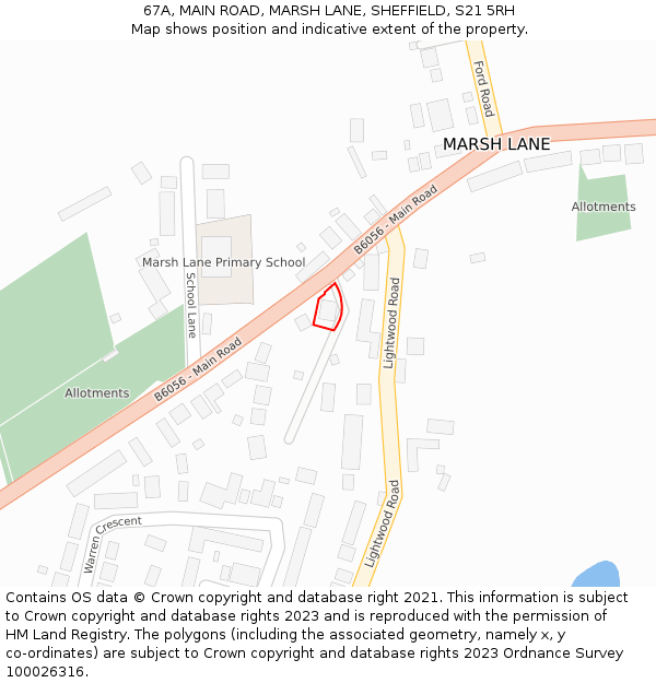 67A, MAIN ROAD, MARSH LANE, SHEFFIELD, S21 5RH: Location map and indicative extent of plot