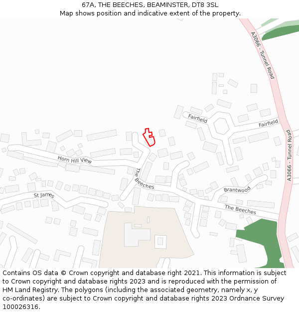 67A, THE BEECHES, BEAMINSTER, DT8 3SL: Location map and indicative extent of plot