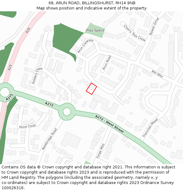 68, ARUN ROAD, BILLINGSHURST, RH14 9NB: Location map and indicative extent of plot