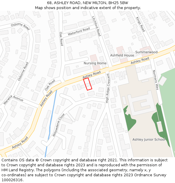 68, ASHLEY ROAD, NEW MILTON, BH25 5BW: Location map and indicative extent of plot